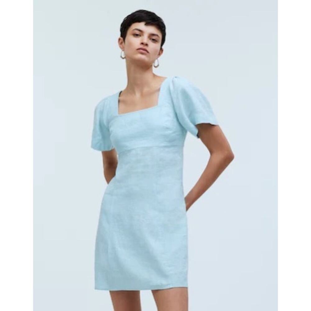 Madewell Square Neck Mini Dress Blue Empire Waist Smock 100% Linen New Size 10